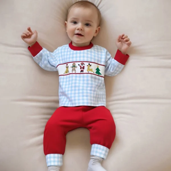 Kids 2-Piece Christmas Pajama Set with Long Sleeve Embroidered Top and Pants for Boys Sleepwear Outfit