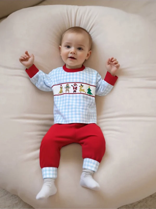 Kids 2-Piece Christmas Pajama Set with Long Sleeve Embroidered Top and Pants for Boys Sleepwear Outfit