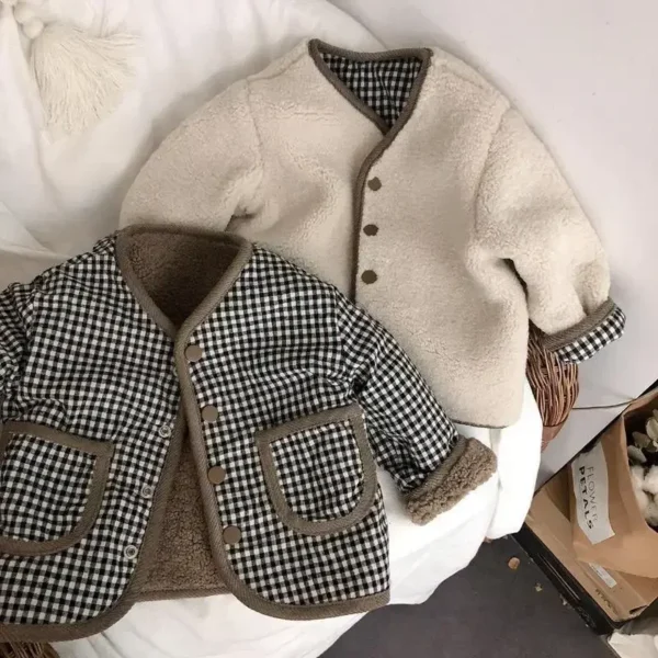 kf-S665790e7c41444f3a88d852836ae4595O HoneyCherry Autumn and Winter New Warm Jacket Children Two Sides Wear Plaid Plush Jacket Kids Jackets