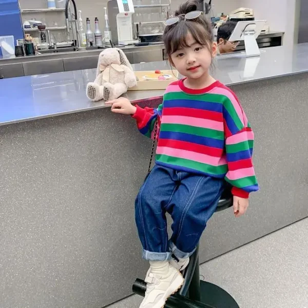Girls' Striped Crewneck Sweatshirt Spring Autumn Long Sleeve Loose Fit Versatile Thin Lightweight Outerwear Top New Arrival Kids