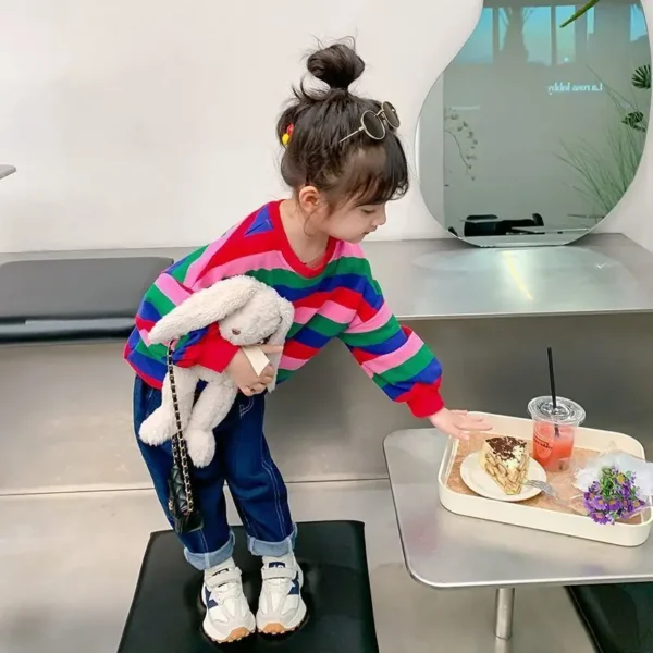 Girls' Striped Crewneck Sweatshirt Spring Autumn Long Sleeve Loose Fit Versatile Thin Lightweight Outerwear Top New Arrival Kids