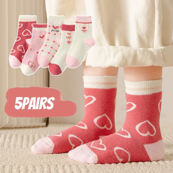 5 Pairs Girls' Cute Heart Pattern Knit Socks for Kids