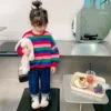 Girls' Striped Crewneck Sweatshirt Spring Autumn Long Sleeve Loose Fit Versatile Thin Lightweight Outerwear Top New Arrival Kids