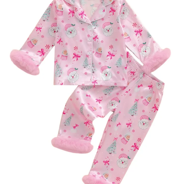 Girls Christmas Satin Pajama Set with Reindeer Print Lapel Collar Long Sleeve Button Down Top and Matching Pants Sleepwear for
