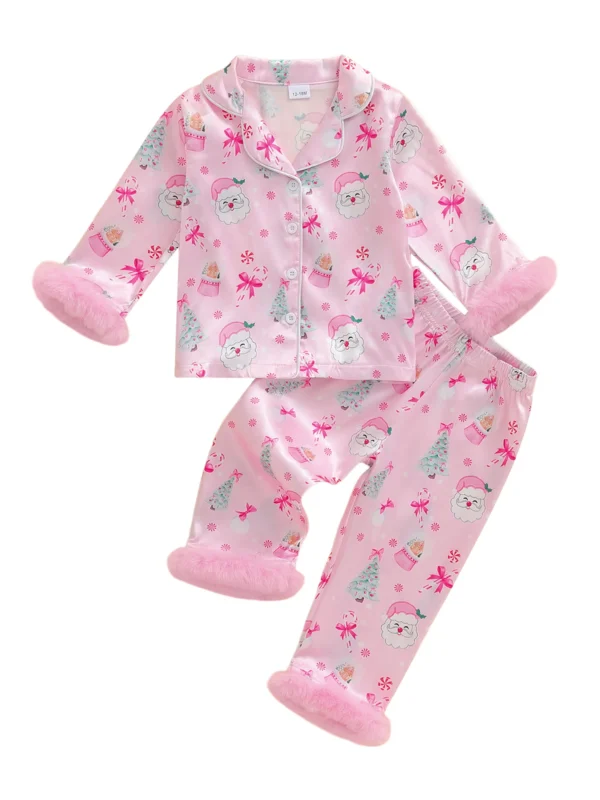 Girls Christmas Satin Pajama Set with Reindeer Print Lapel Collar Long Sleeve Button Down Top and Matching Pants Sleepwear for