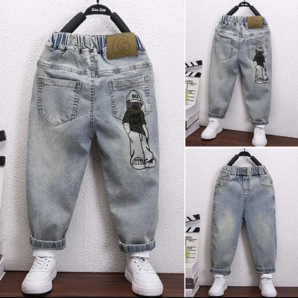 kf-Sb080e85ae02a4050a988222ebfd0bb81U Spring 2025 Cool Children's Jeans Character Print Design New Arrival Kids' Denim Trousers for Boys
