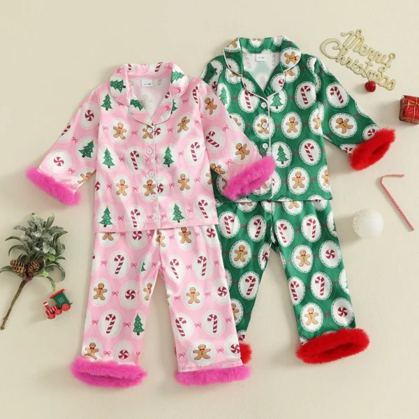Girls Christmas Satin Pajama Set with Reindeer Print Lapel Long Sleeve Button Down Top and Matching Pants Sleepwear