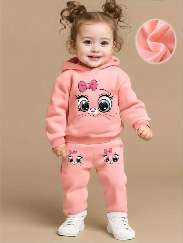 Baby girl cute cartoon cat pattern long sleeved fleece hooded sweatshirt+casual simple pants set, spring and autumn two-piece se
