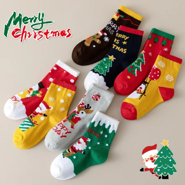 4 Pairs Kids Christmas Cartoon Knit Socks Set